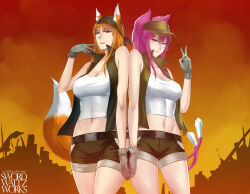 2girls animal_ears bandana bare_shoulders baseball_cap belt belt_buckle black_belt blazblue breasts brown_hair brown_vest buckle cat_tail character_request cleavage cleavage_cutout clothing_cutout collarbone commission cosplay cowboy_shot gloves grey_gloves hat highres holding_hands holo kokonoe_(blazblue) large_breasts looking_at_viewer metal_slug multiple_girls multiple_tails navel orange_background orange_eyes pink_hair red_eyes shorts skin_tight spice_and_wolf swordwaltzworks tail tank_top thigh_cutout thighs vest white_tank_top wolf_ears wolf_girl wolf_tail