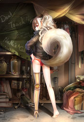  1boy barefoot blonde_hair boots bow bulge candle candy clothes english_text from_behind hair_bow hand_on_own_hip highres jacket kokutou_mimi long_hair looking_back male_focus original panties pointy_ears ponytail prosthesis red_eyes red_panties robot solo standing tail trap underwear wrench  rating:Sensitive score:87 user:BlueBaroness