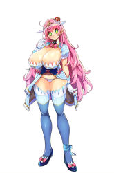  1girl breasts full_body green_eyes huge_breasts pink_hair princess shoes simple_background solo standing thighhighs white_background  rating:Questionable score:13 user:BigDame77
