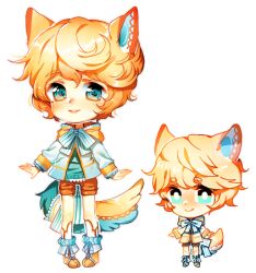  1boy animal_ears anklet blonde_hair blue_eyes blue_jacket blue_sleeves blue_sweater boots bow bowtie chibi closed_mouth commentary commission cross-laced_footwear deformed english_commentary fox_ears fox_tail full_body hood hood_down hooded_jacket jacket jewelry lace-trimmed_hood lace-trimmed_sleeves lace-trimmed_sweater lace_trim light_blush long_sleeves looking_at_viewer loose_hair_strand lowres male_focus orange_footwear orange_hood orange_shorts original outline parted_lips red_lips satchely short_hair short_shorts shorts sleeves_past_wrists smile striped_bow striped_bowtie striped_clothes sweater tail tail_bow tail_ornament transparent_background variations white_bow white_bowtie white_outline 