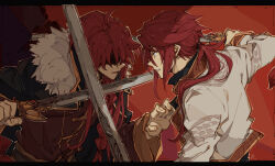  2boys aaron_wei black_cape black_shirt cape chinese_commentary clenched_teeth collared_shirt commentary_request dual_persona dual_wielding eiyuu_densetsu face-to-face fighting fingernails freeze_rin fur-trimmed_cape fur_trim hair_over_shoulder highres holding holding_sword holding_weapon jacket kuro_no_kiseki letterboxed long_hair long_sleeves low_ponytail male_focus multiple_boys open_clothes open_jacket open_mouth outline palms red_background red_eyes red_hair red_jacket red_sleeves shaded_face shirt signature simple_background sword teeth weapon white_jacket white_outline white_sleeves wide_sleeves 