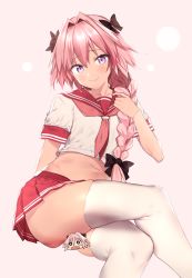  1boy artist_request astolfo_(fate) astolfo_(sailor_paladin)_(fate) black_bow blush bow braid censored character_censor chibi closed_mouth collarbone fang fate/apocrypha fate/grand_order fate_(series) gradient_background hair_between_eyes hair_bow hair_intakes highres hip_focus long_braid long_hair looking_at_viewer male_focus midriff multicolored_hair neckerchief novelty_censor official_alternate_costume pink_background pink_hair pleated_skirt purple_eyes red_sailor_collar red_skirt remora180 ribbon sailor_collar school_uniform serafuku shirt short_sleeves single_braid skirt smile solo streaked_hair thighhighs thighs trap white_shirt white_thighhighs  rating:Questionable score:44 user:danbooru