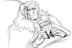  1boy black_nails claws closed_eyes closed_mouth coat coat_on_shoulders cup english_text fingernails fluffy furrowed_brow happy holding holding_cup illumiinaughty2_(lumi) konrad_curze light_smile lineart long_fingernails long_hair lying male_focus night_lords primarch sharp_fingernails simple_background sippy_cup sketch smile solo underlip_line warhammer_40k white_background 