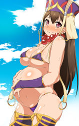 1girl bead_necklace beads big_belly bikini blush breasts bridal_gauntlets brown_hair covered_erect_nipples earrings fate/grand_order fate_(series) from_side hands_on_own_stomach hat highres hoop_earrings jewelry kani_club large_breasts long_hair looking_at_viewer necklace nose_blush prayer_beads pregnant purple_bikini purple_eyes purple_hat ring skindentation smile solo strap_gap sweat swimsuit thighhighs very_long_hair xuangzang_sanzang_(fate) rating:Questionable score:63 user:danbooru
