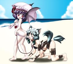 2girls all_fours animal_ears ass barefoot bat_wings beach bikini bikini_pull black_hair blood blush breasts butt_crack cleavage closed_eyes clothes_pull collar coppertone coppertone_girl day dog_ears dog_tail embarrassed fang female_focus flat_chest inu_sakuya_(nejikirio) izayoi_sakuya kemonomimi_mode leash maid_headdress mouth_hold multiple_girls nosebleed open_mouth outdoors parasol parody pet_play pulling_another&#039;s_clothes purple_hair raionsan red_eyes remilia_scarlet rion-san short_hair small_breasts surprised swimsuit tail tail_wagging touhou umbrella wings rating:Questionable score:13 user:danbooru