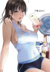  1girl alcohol bare_arms bare_shoulders blue_shirt blush breasts brown_hair cleavage commentary_request covered_erect_nipples covered_navel cup drink drinking_glass earrings electric_fan hayakawa_pao holding holding_cup holding_drink holding_drinking_glass jewelry large_breasts original parted_lips red_eyes shirt short_shorts shorts sideboob sitting solo sweat sweatdrop tank_top translated white_background  rating:Sensitive score:49 user:danbooru