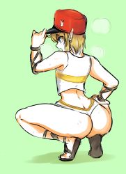  1boy ass blonde_hair blue_eyes butt_crack green_background hat heavy_breathing highres huge_ass link male_focus nintendo simple_background solo squatting sweat the_legend_of_zelda thong yellow_kirby  rating:Sensitive score:77 user:Juni221