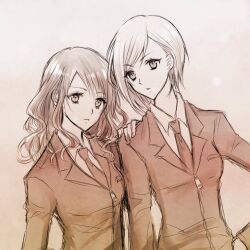  2girls asymmetrical_hair bosch breasts cissnei closed_mouth collared_shirt elena_(ff7) final_fantasy final_fantasy_vii formal hand_on_another&#039;s_shoulder hand_on_own_hip jacket long_hair medium_breasts multiple_girls necktie sepia shirt short_hair sketch suit suit_jacket swept_bangs upper_body wavy_hair 