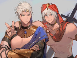  2boys abs arabian_clothes arabian_peninsula bare_shoulders bishounen blue_eyes closed_mouth dante_(devil_may_cry) devil_may_cry devil_may_cry_(series) devil_may_cry_3 earrings hair_between_eyes hair_slicked_back harem_outfit head_chain highres hoop_earrings jewelry lin09 looking_at_viewer male_focus mature_male multiple_boys muscular muscular_male navel pectorals rebellion_(sword) siblings smile sword topless_male turban twins v vergil_(devil_may_cry) weapon white_hair 