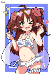  &gt;_o 1girl absurdres ahoge arknights bikini blush border breasts commentary_request cowboy_shot fang finger_heart flower frilled_bikini frills green_eyes hair_flower hair_ornament heart heart-shaped_eyewear hendra highres inset_border looking_at_viewer myrtle_(arknights) myrtle_(summer_flowers)_(arknights) one_eye_closed open_mouth panties pink-tinted_eyewear pointy_ears purple_background red_flower red_hair signature simple_background small_breasts smile solo swimsuit thigh_strap tinted_eyewear two_side_up underwear white_bikini white_panties 