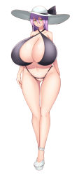 1girl anklet bikini black_bikini bluespice breasts cleavage collarbone crotchless crotchless_panties curvy female_focus gigantic_breasts green_eyes hat highleg highres jewelry legs long_hair looking_at_viewer navel original panties purple_hair shoes simple_background smile solo standing swimsuit thigh_gap underwear white_background wide_hips rating:Questionable score:58 user:Xander