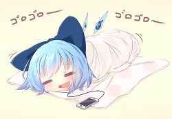  1girl =_= akisha bad_id bad_pixiv_id bedroll blue_bow blue_hair blush bow cable cellphone cirno drooling ice ice_wings light_blush lowres mouth_drool open_mouth phone polka_dot rolled rolling short_hair simple_background smartphone smile solo touhou wings 
