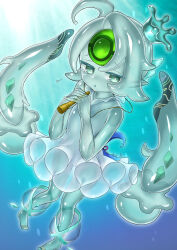  1girl barefoot blue_theme colored_skin crown curss detached_hair dress duel_monster green_eyes grey_hair grey_skin highres holding icejade_aegirine jellyfish jewelry looking_at_viewer mini_crown monster_girl necklace own_hands_together parted_lips pigeon-toed pointy_ears slime_girl slimification solo tears twintails underwater white_dress yu-gi-oh! 