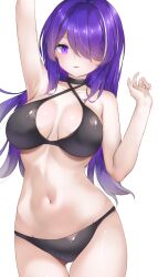  1girl absurdres acheron_(honkai:_star_rail) amepon arm_up armpits bare_shoulders bikini black_bikini breasts commentary_request cowboy_shot hair_over_one_eye highres honkai:_star_rail honkai_(series) large_breasts long_hair looking_at_viewer multicolored_hair navel one_eye_covered purple_eyes purple_hair simple_background solo streaked_hair swimsuit white_background white_hair 