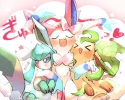 &gt;_&lt; animal_focus blue_eyes blue_hair blue_sclera blush bow closed_eyes closed_mouth colored_sclera creatures_(company) fang game_freak gen_4_pokemon gen_6_pokemon glaceon heart leafeon naoto_(shion) nintendo open_mouth pokemon pokemon_(creature) ribbon sidelocks smile sylveon