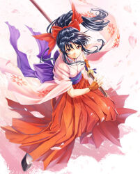  1girl back_ribbon black_hair bow brown_bow brown_eyes brown_gloves cherry_blossoms closed_mouth collar drawing_sword fighting_stance fingerless_gloves floating_clothes floating_hair floral_print_kimono floral_print_sleeves glove_bow gloves hair_ribbon hakama half_updo high_heels high_ponytail holding holding_sheath holding_sword holding_weapon hortensia_saga japanese_clothes katana kimono long_sleeves looking_at_viewer meiji_schoolgirl_uniform name_connection obi obijime object_namesake official_art pink_background pink_collar pink_kimono pink_petals pink_sleeves ponytail pumps purple_ribbon red_hakama red_ribbon ribbon sakura_taisen sash second-party_source sega sheath shinguuji_sakura simple_background smile socks solo solo_focus sword unsheathing v-shaped_eyebrows wavy_ends wavy_sidelocks weapon white_collar white_socks wide_sleeves 
