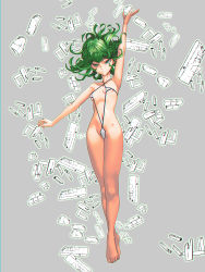 1girl armpits aura bare_legs barefoot bikini breasts commentary_request curly_hair don_(rg06268) eyelashes feet female_focus floating full_body green_eyes green_hair grey_background highres looking_at_viewer one-piece_swimsuit one-punch_man shiny_skin short_hair side_slit simple_background slingshot_swimsuit small_breasts soles solo standing swimsuit tatsumaki telekinesis white_one-piece_swimsuit rating:Questionable score:73 user:Vardigiil