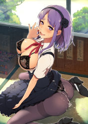 10s 1girl ass black_bra black_panties black_pantyhose blush bra breasts breasts_out cleavage clothes_lift cum cum_on_ass cum_on_clothes dagashi_kashi dress dress_lift fellatio_gesture female_focus hairband heart heart-shaped_pupils high_heels highres large_breasts lingerie looking_at_viewer nail_polish nipples open_clothes open_shirt panties panties_over_pantyhose panties_under_pantyhose pantyhose parted_lips pochi_(pochi-goya) purple_eyes purple_hair red_nails ringed_eyes saliva see-through shidare_hotaru shirt simple_background sitting skirt smile solo suspender_skirt suspenders symbol-shaped_pupils tareme thighband_pantyhose thong tongue tongue_out underwear wariza rating:Explicit score:318 user:danbooru