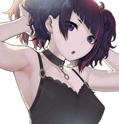 1girl armpits bad_id bad_twitter_id bare_arms bare_shoulders black_camisole black_choker breasts camisole choker collarbone diagonal_bangs earrings hands_in_hair hands_up highres idolmaster idolmaster_shiny_colors jewelry looking_at_viewer parted_lips purple_eyes purple_hair sidelocks simple_background small_breasts solo sunaba_suzume tanaka_mamimi twintails upper_body white_background rating:Sensitive score:58 user:danbooru