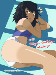  1girl andou_(girls_und_panzer) ass bc_freedom_(emblem) bc_freedom_military_uniform bikini black_hair breasts brown_eyes dated emblem girls_und_panzer happy_birthday highres looking_at_viewer lying medium_hair messy_hair naotosi on_side open_mouth saliva signature small_breasts solo swimsuit tan tanline thighs waking_up 