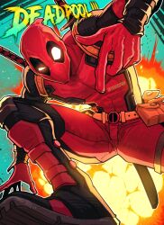 1boy absurdres belt belt_pouch black_footwear blue_background bodysuit boots character_name deadpool deadpool_(movie) deadpool_(series) dutch_angle explosion facing_viewer film_grain foot_out_of_frame glowing glowing_eyes highres jumping katana knee_pads knee_up leaning_forward male_focus marvel mask open_hand outline pointing pointing_down pouch red_bodysuit sheath sheathed shin_guards shoe_soles solo strap superhero_costume sword thirdphp twitter_username two-tone_bodysuit uneven_eyes unmoving_pattern utility_belt weapon weapon_on_back western_comics_(style) white_outline zentai