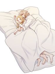  2girls bed_sheet blonde_hair blue_robe braid choker closed_eyes dungeon_meshi elf falin_thorden falin_thorden_(tallman) hair_around_ear highres hntpan long_hair long_sleeves marcille_donato multiple_girls on_bed open_mouth pointy_ears robe simple_background sleeping spooning under_covers yuri 