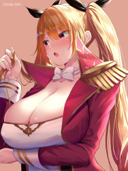 1girl azur_lane backlighting bare_shoulders black_ribbon blonde_hair blush bow bowtie breast_hold breasts cleavage collarbone commentary_request covered_erect_nipples dress epaulettes gold_trim hair_between_eyes hair_ribbon highres holding holding_hair huge_breasts jacket long_hair military_jacket nelson_(azur_lane) oekakizuki open_mouth puffy_nipples red_eyes red_jacket ribbon sagging_breasts solo twintails upper_body very_long_hair white_dress rating:Sensitive score:96 user:danbooru