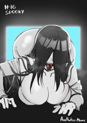  1girl absurdres aestheticc-meme artist_name ass big_cleavage black_hair bottomless breasts catered3214 cleavage colored curvy female_focus ghost ghost_girl hanging_breasts highres huge_ass huge_breasts long_hair the_ring third-party_edit yamamura_sadako 