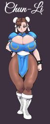  1girl absurdres breasts brown_hair bursting_breasts capcom chun-li cleavage darkeros female_focus highres huge_breasts pantyhose solo standing street_fighter street_fighter thick_thighs thighs  rating:Questionable score:18 user:Evil_Emperor_Proteus