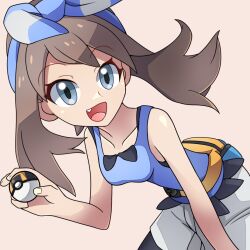  1girl :d bare_shoulders blue_bow blue_eyes blue_shirt bow brown_hair collarbone creatures_(company) fang fanny_pack game_freak hair_bow holding holding_poke_ball looking_at_viewer may_(pokemon) nintendo open_mouth poke_ball pokemon pokemon_adventures roy_payne shirt shorts sleeveless sleeveless_shirt smile solo ultra_ball white_background 