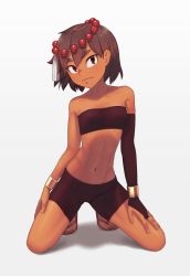  1girl abs ajna_(indivisible) beads bike_shorts black_tube_top bob_cut bracelet breasts brown_eyes brown_hair closed_mouth collarbone dark-skinned_female dark_skin feet gloves hair_ornament hand_on_own_thigh indivisible jewelry kneeling looking_at_viewer navel putcher ribs sandals short_hair single_glove single_sleeve small_breasts solo strapless tube_top tube_top white_background  rating:Sensitive score:128 user:danbooru