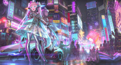  2girls 6+others alphonse_(white_datura) android blonde_hair blue_eyes breasts building car city city_lights covered_erect_nipples dark hands_in_pockets highres hood hood_up japanese_national_police_agency_(emblem) leotard long_hair mask motor_vehicle mouth_mask multiple_girls multiple_others night open_mouth original photoshop_(medium) police police_car puffy_short_sleeves puffy_sleeves purple_hair science_fiction scissor_doors see-through short_hair short_sleeves skin_tight skyscraper small_breasts twintails 