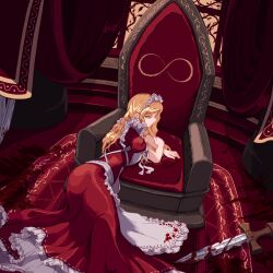 1girl apron blonde_hair blood blood_on_clothes blood_on_ground bloody_weapon breasts commentary dress english_commentary expressionless frilled_apron frilled_dress frills full_body highres indoors infinity_symbol long_hair looking_at_viewer lying lying_on_throne maid maid_apron maid_headdress medium_breasts nukekip on_side pixel_art red_dress solo sword throne touhou weapon yellow_eyes yumeko_(touhou) 