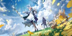 1boy 2girls amiya_(arknights) animal_ears arknights black_pantyhose cloud cloudy_sky dutch_angle flower grass hand_in_pocket kal&#039;tsit_(arknights) multiple_girls outstretched_arms pantyhose sky staff wushier