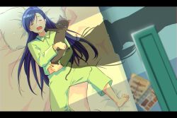  2girls aika_granzchesta akira_ferrari andanden animal aria_(manga) asymmetrical_bangs barefoot bed_sheet black_cat blue_hair cat closed_eyes foot_out_of_frame from_above green_pajamas highres hime_granzchesta holding holding_animal holding_cat indoors long_hair long_sleeves lying multiple_girls on_back on_bed open_mouth pajamas pillow shadow sleeping soles toes very_long_hair 