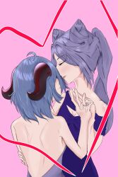  2girls absurdres ahoge bare_back bare_shoulders blue_dress blue_hair blush breasts chest_cutout cleavage closed_eyes closed_mouth dress ganyu_(genshin_impact) genshin_impact gown hair_bun highres holding_another&#039;s_arm holding_hands horns jewelry keqing_(genshin_impact) le_ethan lipstick looking_at_another makeup messy_hair multiple_girls off_shoulder pink_background purple_hair ring simple_background small_breasts twintails yuri  rating:General score:2 user:Kaorinite