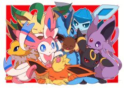 black_eyes blonde_hair blue_eyes bow closed_eyes closed_mouth colored_sclera creatures_(company) eevee espeon evolutionary_line fins flareon forehead_jewel game_freak gen_1_pokemon gen_2_pokemon gen_4_pokemon gen_6_pokemon glaceon jolteon leafeon mako_mickt nintendo one_eye_closed open_mouth pokemon pokemon_(creature) red_sclera ribbon sidelocks sleeping smile spikes sylveon umbreon vaporeon