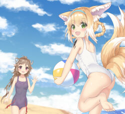 2girls animal_ears arknights ass ball barefoot beach beachball blonde_hair blue_hairband blue_one-piece_swimsuit blue_sky brown_hair cloud cloudy_sky commentary covered_navel curled_horns day eyjafjalla_(arknights) fox_ears fox_tail green_eyes hairband highres holding holding_ball horizon horns leaning_forward leg_up long_hair looking_at_viewer looking_back multiple_girls multiple_tails ocean one-piece_swimsuit outdoors pointy_ears purple_eyes short_hair sky standing standing_on_one_leg suzuran_(arknights) swimsuit tail waving white_one-piece_swimsuit yuetsu 