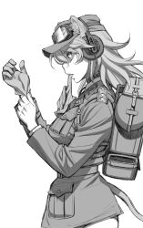  1girl animal_ears backpack bag belt bottle breast_pocket breasts cowboy_shot from_side glove_in_mouth glove_pull gloves goggles goggles_on_headwear hannelore_kummel hat headphones highres implied_extra_ears large_breasts lion_ears lion_girl lion_tail long_hair military_uniform minazuki_juuzou mouth_hold no_pants peaked_cap pocket profile shaded_face simple_background solo strike_witches strike_witches_(lionheart_witch) tail throat_microphone uniform water_bottle white_background world_witches_series 