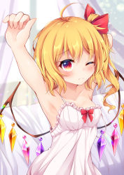 1girl ahoge arm_up armpits bare_arms bare_shoulders blonde_hair blush bow breasts chemise collarbone commentary_request crystal curtains dress flandre_scarlet hair_bow highres indoors long_hair looking_at_viewer medium_breasts miy@ no_headwear one_eye_closed one_side_up red_bow red_eyes solo spaghetti_strap strap_slip touhou upper_body white_dress wings rating:Sensitive score:13 user:danbooru