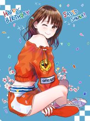  1girl ;) artist_name between_legs blue_background blush brown_eyes brown_hair character_name clothes_writing confetti crossed_legs drawstring floral_background from_side hand_between_legs happy_birthday hyugo long_sleeves looking_at_viewer medium_hair nail_polish off-shoulder_shirt off_shoulder one_eye_closed orange_shirt photo-referenced real_life red_nails saitou_shuka shirt shoes short_shorts shorts sitting smile sneakers solo sparkle voice_actor 