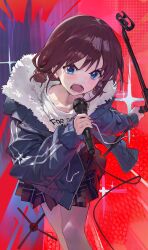  1girl absurdres blue_eyes blue_jacket brown_hair brown_shirt cable clothes_writing commentary english_commentary fatur_rasid feet_out_of_frame fur-trimmed_jacket fur_trim girls_band_cry highres holding holding_microphone holding_microphone_stand iseri_nina jacket leaning_forward long_sleeves looking_at_viewer low_twintails medium_hair microphone microphone_stand miniskirt open_clothes open_jacket open_mouth plaid plaid_skirt pleated_skirt red_background shirt short_twintails shouting skirt solo sparkle teeth twintails v-shaped_eyebrows white_shirt 