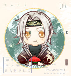  1boy :t artist_name black_headband black_shirt blush_stickers brown_jacket brown_sleeves character_request chewing chibi chinese_commentary closed_mouth collared_jacket commentary_request copyright_request cropped_torso eating food fruit headband high_collar highres holding holding_food holding_fruit jacket long_sleeves looking_at_viewer male_focus open_clothes open_jacket puffy_long_sleeves puffy_sleeves sample_watermark sanshui_guantang shirt short_hair simple_background smile solo straight-on turtleneck turtleneck_shirt twitter_username watermark watermelon watermelon_slice white_hair yellow_background yellow_eyes 