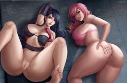  2girls absurdres ass black_hair black_lingerie bottomless breasts brown_eyes elbow_gloves final_fantasy final_fantasy_vii final_fantasy_xiii floor flowerxl garter_straps gloves hand_on_own_ass highres large_breasts leggings lightning_farron lingerie long_hair looking_at_viewer lying multiple_girls no_panties no_underwear_(female) pink_hair pink_lingerie pussy thighhighs tifa_lockhart toned toned_female underwear 