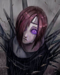  1boy amegakure_symbol commentary crying crying_with_eyes_open english_commentary forehead_protector hair_over_one_eye highres jamesloves_art long_sleeves male_focus nagato_(naruto) naruto_(series) naruto_shippuuden one_eye_covered open_mouth purple_eyes rain realistic red_hair rinnegan short_hair solo tears teeth 