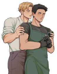  2boys ao_isami apron black_hair blonde_hair blush couple cowboy_shot facial_hair florist green_apron hand_on_another&#039;s_shoulder highres hn_yasum lewis_smith looking_back male_focus multiple_boys official_alternate_costume open_mouth pants pectorals shirt_tucked_in sideburns_stubble stubble thick_eyebrows toned toned_male whispering yaoi yuuki_bakuhatsu_bang_bravern 