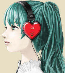  1girl green_eyes green_hair hatsune_miku headphones heart highres lips matching_hair/eyes portrait profile realistic solo vesper vocaloid 