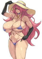 1girl arm_up big_hair bikini black_gloves black_sclera blazblue blazblue:_central_fiction breasts choker cleavage colored_sclera curvy elbow_gloves eu03 gloves groin hair_over_one_eye hat huge_breasts konoe_a._mercury lips long_hair mature_female micro_bikini navel pink_hair purple_bikini purple_choker revision skindentation solo standing sun_hat swimsuit thick_thighs thighs unaligned_breasts very_long_hair white_background yellow_eyes rating:Questionable score:127 user:danbooru