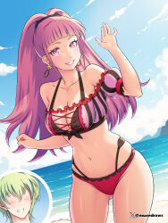  1boy 1girl bare_shoulders beach bikini blue_sky blunt_bangs byleth_(fire_emblem) byleth_(male)_(fire_emblem) cloud cowboy_shot day earrings etchimune fire_emblem fire_emblem:_three_houses fire_emblem_heroes gluteal_fold green_hair grin groin hilda_valentine_goneril jewelry long_hair looking_at_viewer mismatched_bikini navel nintendo ocean off-shoulder_bikini off_shoulder outdoors pink_bikini pink_eyes pink_hair pink_lips short_hair sidelocks sky smile standing stomach striped_bikini striped_clothes swimsuit thighs vertical-striped_bikini vertical-striped_clothes very_long_hair water 