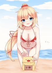 1girl absurdres akai_haato anhun beach bikini blonde_hair blue_eyes breasts cleavage commentary day front-tie_bikini_top front-tie_top haaton_(akai_haato) hair_ribbon highres hololive leaning_forward long_hair looking_at_viewer medium_breasts ocean open_mouth outdoors ponytail ribbon sand scrunchie smile solo string_bikini stuffed_animal stuffed_toy swimsuit symbol-only_commentary teeth thigh_gap upper_teeth_only very_long_hair virtual_youtuber wrist_scrunchie rating:Sensitive score:6 user:danbooru